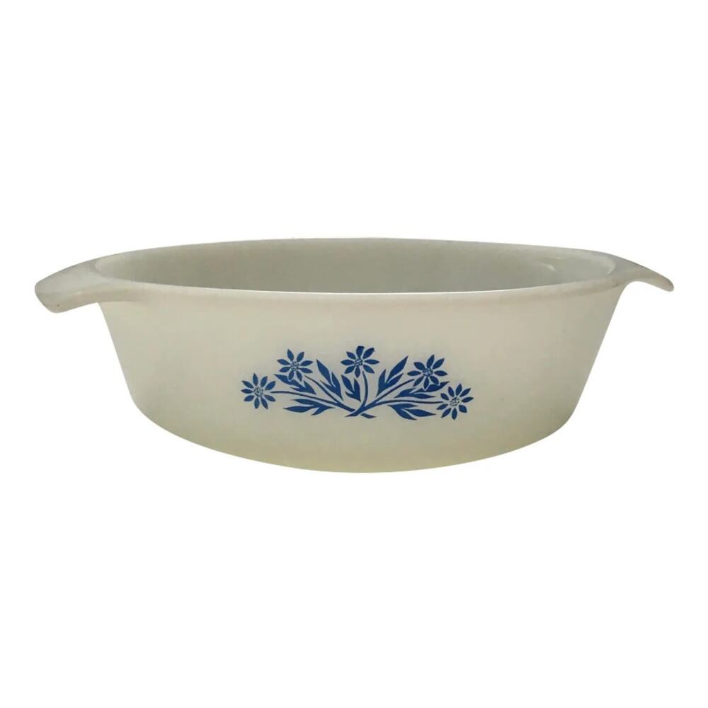 Vintage Anchor Hocking Milk Glass Blue Cornflower Print Serving Dish White